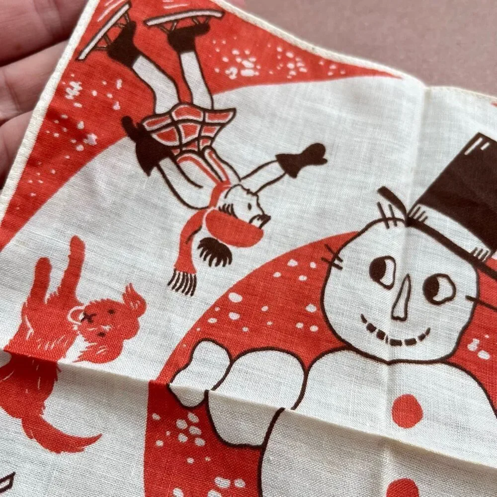 VTG 40s 50s Winter Kids Snowman Hankie 8.5” Novelty Print RARE